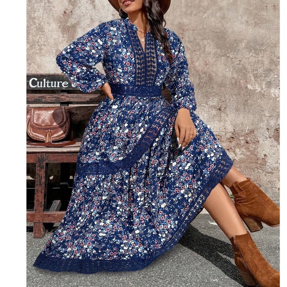 Plus Floral Print V neck Lace Insert Long Sleeve Maxi Dress - Picture 6 of 13